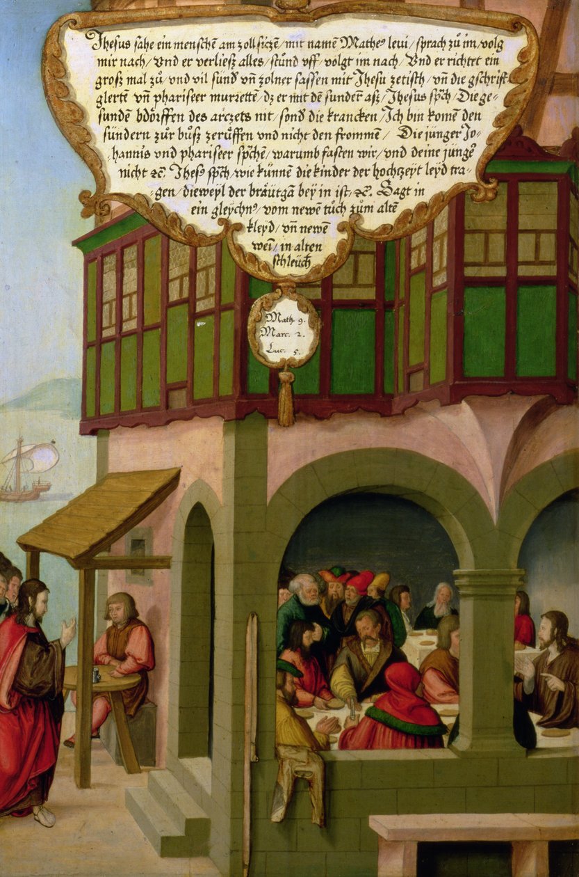 Jezus eet met de belastinginners en zondaars (Matteüs 9, Marcus 2, Lucas 5) sectie van zijpaneel van het Mompelgarter Altaarstuk door Matthias Gerung or Gerou