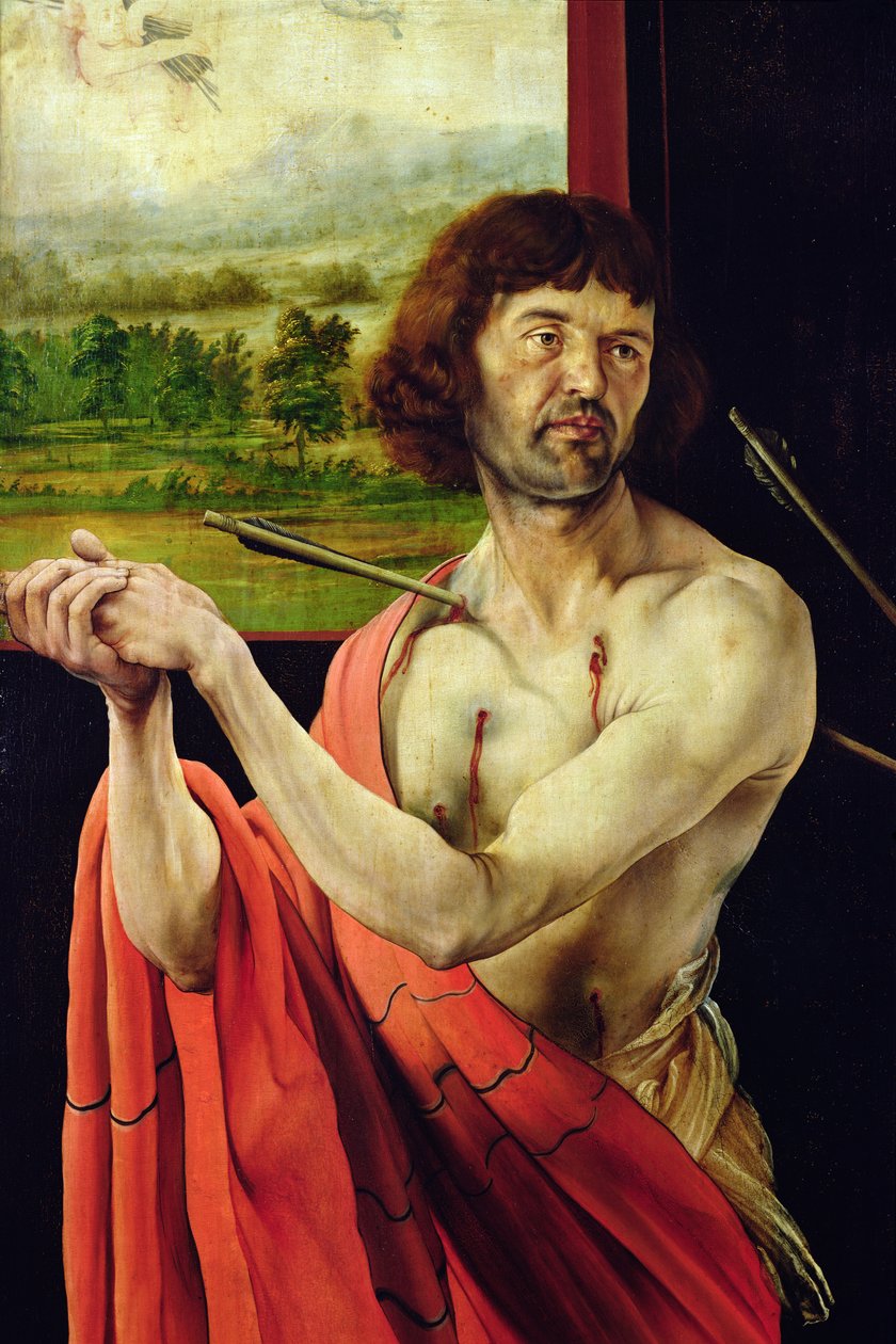 Detail van Sint Sebastiaan en landschap van het Isenheim altaarstuk, binnenvleugel door Matthias Grünewald