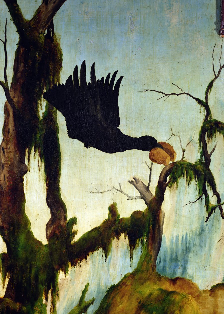 Het bezoek van Sint Antonius aan Sint Paulus de kluizenaar (detail van een kraai die een stuk brood draagt van het Isenheim altaarstuk) door Matthias Grünewald