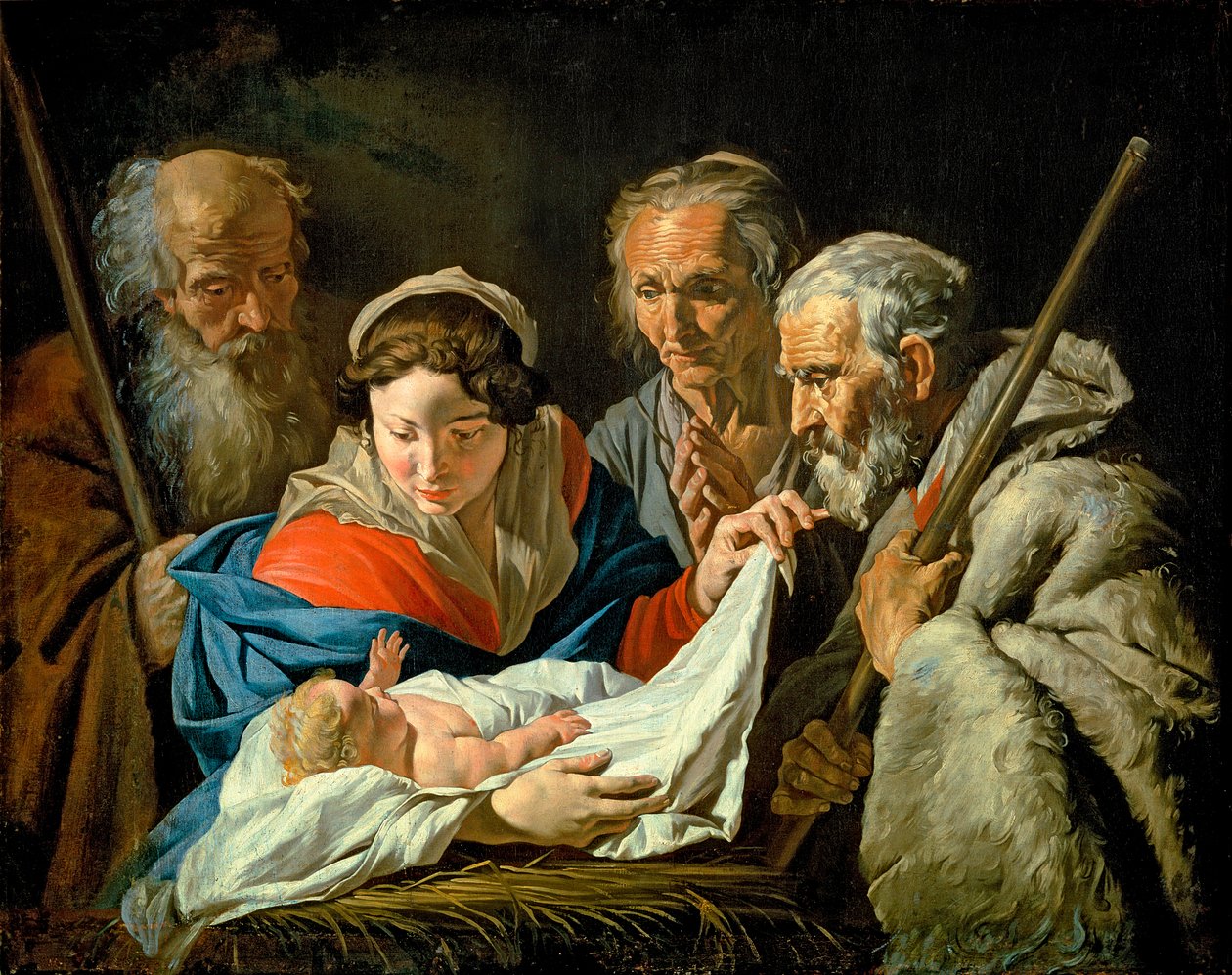 Aanbidding van het kindje Jezus door Matthias Stomer