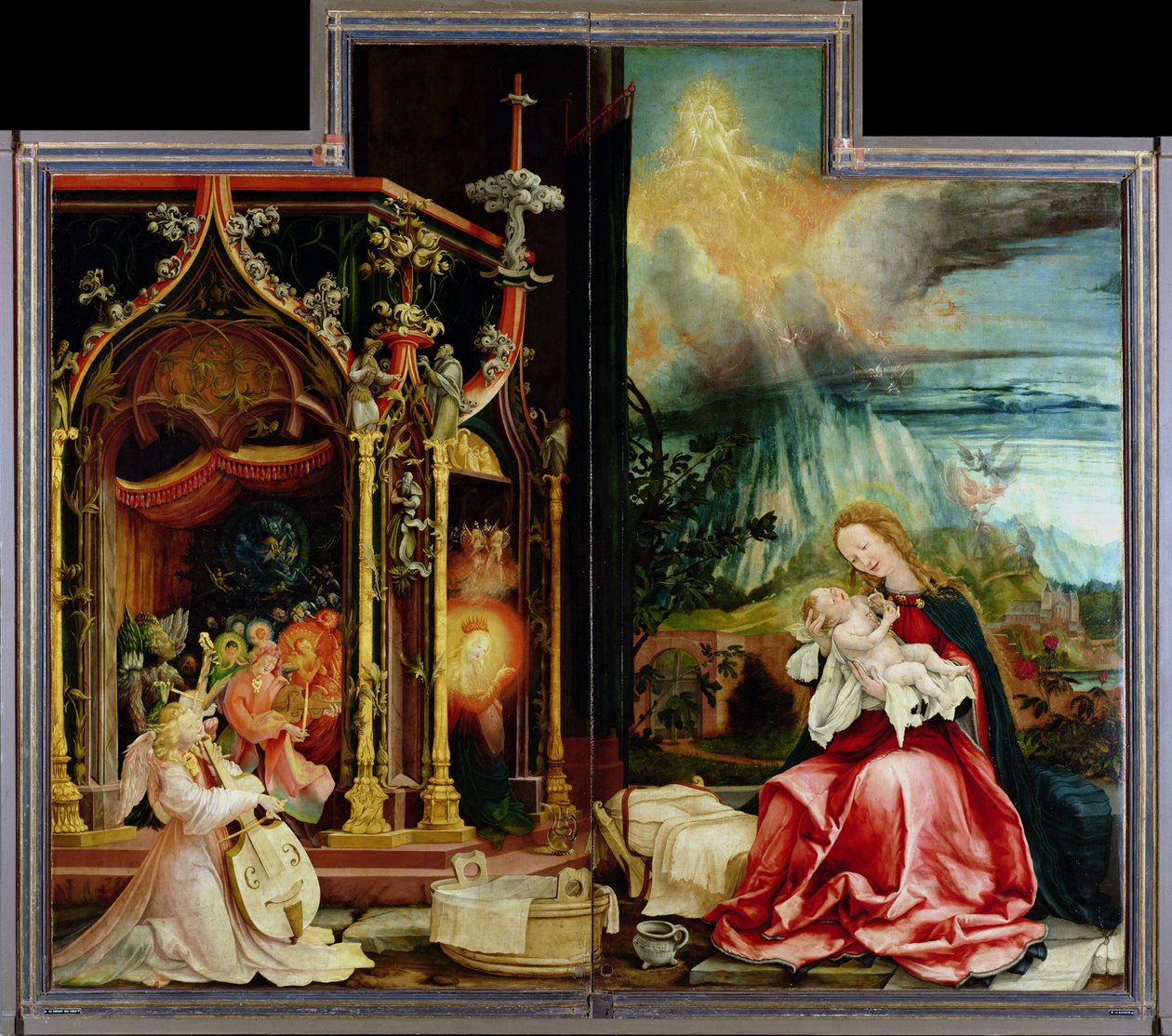 Geboorte en concert van engelen van het Isenheim-altaarstuk, centraal paneel door Matthias (c.1480 1528) Grunewald