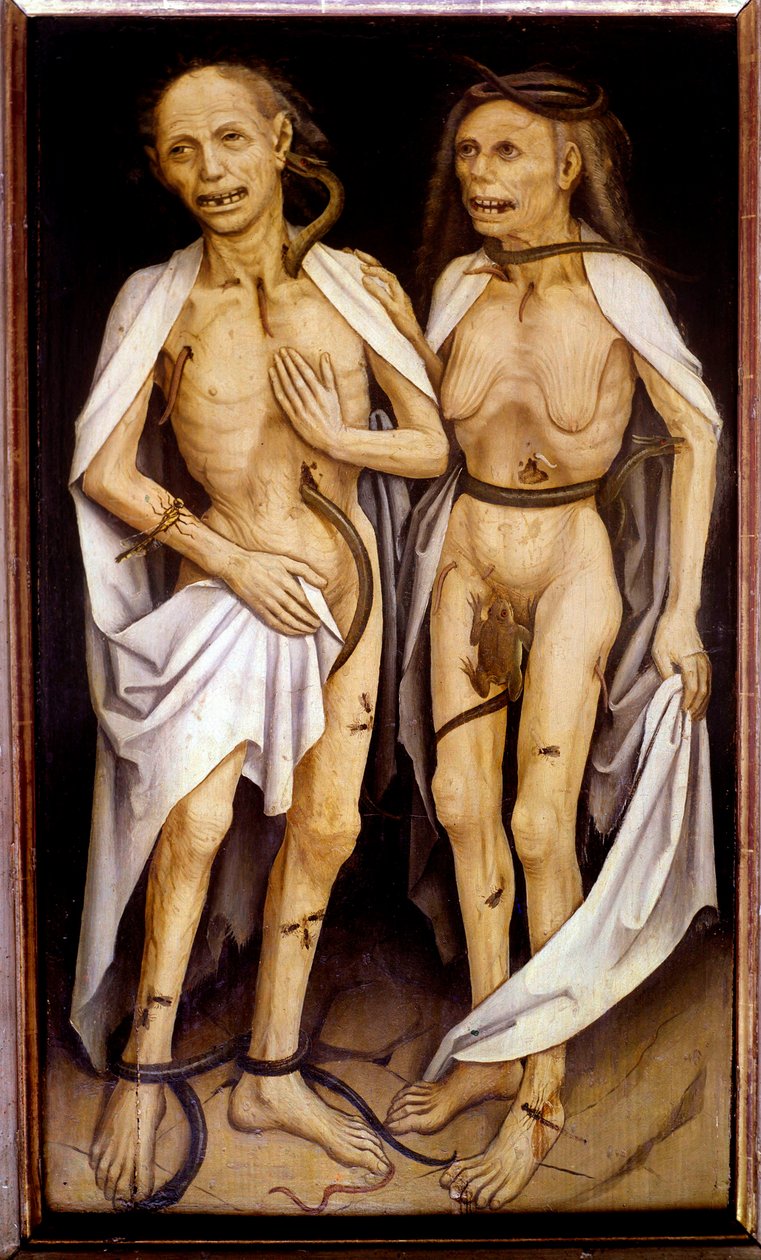 Overleden geliefden, een ouder echtpaar met lichamen in ontbinding doorboord door slangen en bedekt met insecten herinneren aan Adam en Eva door Matthias (c.1480-1528) Grunewald