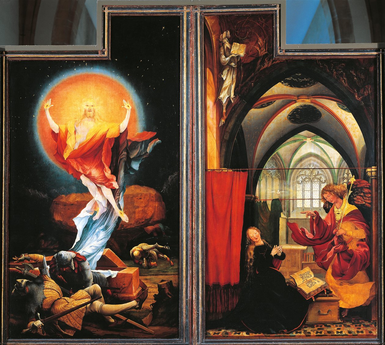 De Aankondiging en Opstanding van Christus, detail van het Isenheim Altaarstuk, ca. 1512-16 door Matthias (c.1480 1528) Grunewald