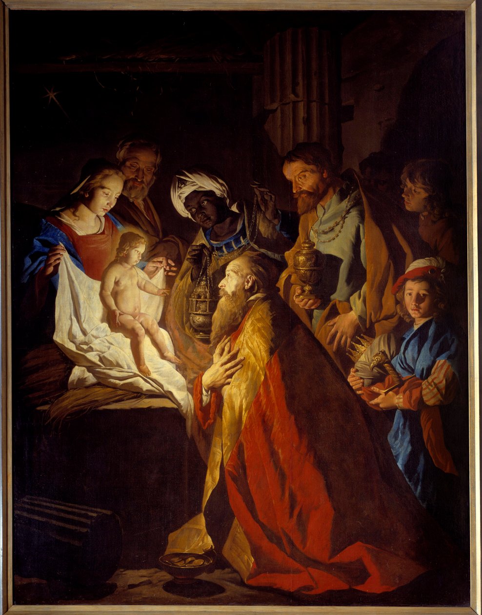 De aanbidding der wijzen door Matthias (c.1600 p.1650) Stomer