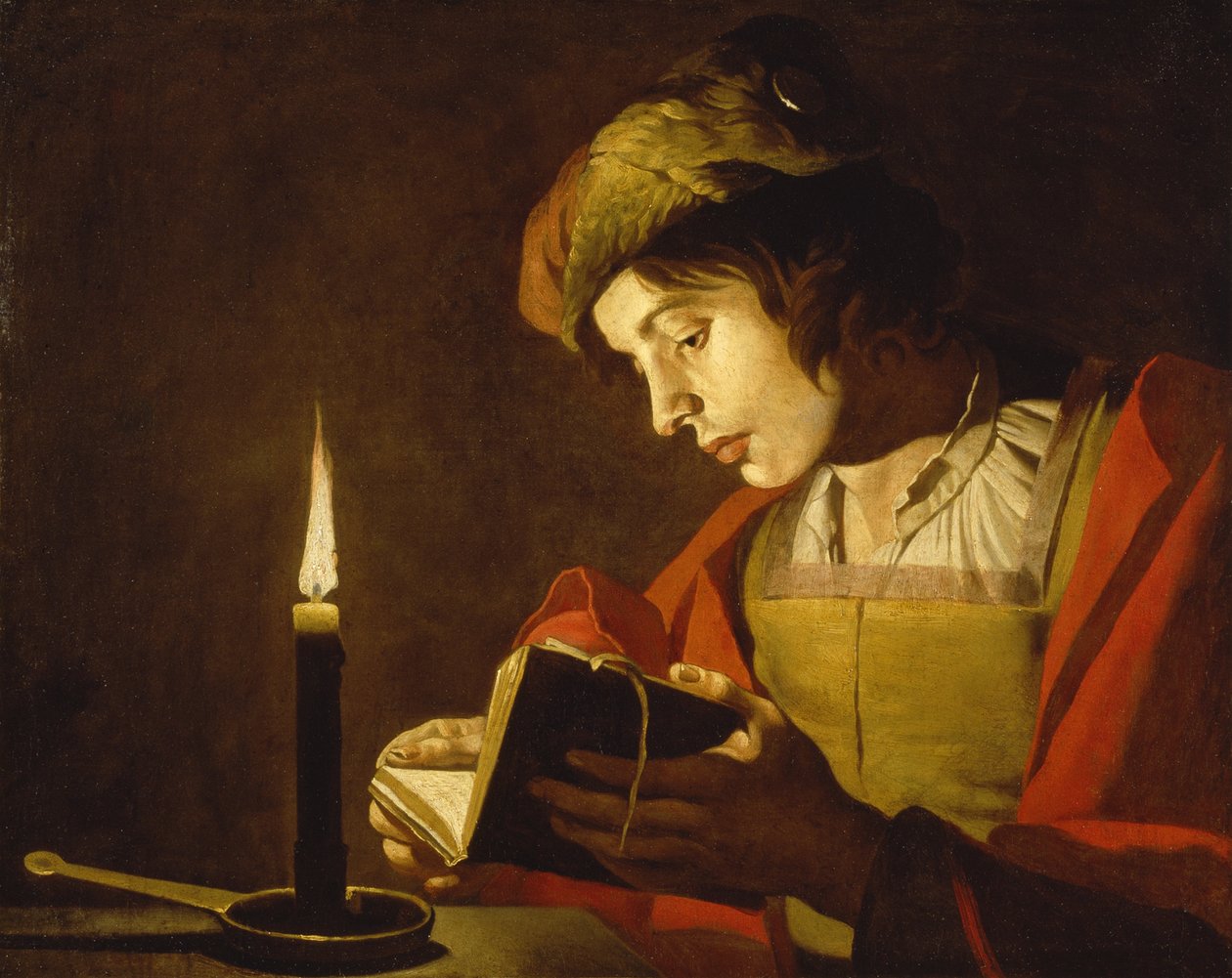 Een jonge man lezend bij kaarslicht door Matthias (c.1600 p.1650) Stomer
