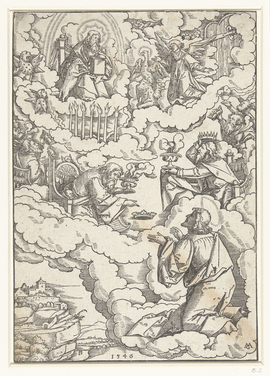 Dutch: Visioen van Johannes de Evangelist met tronende God en de vierentwintig oudsten door Matthias Gerung