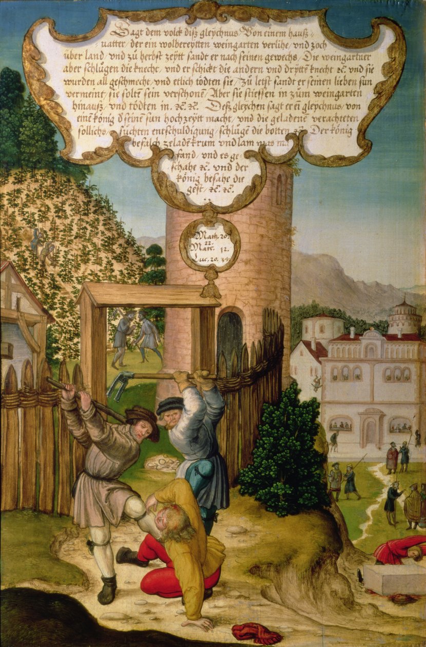 De wijnbouwers doden de erfgenaam van de wijngaard eigenaar, illustratie van Christus