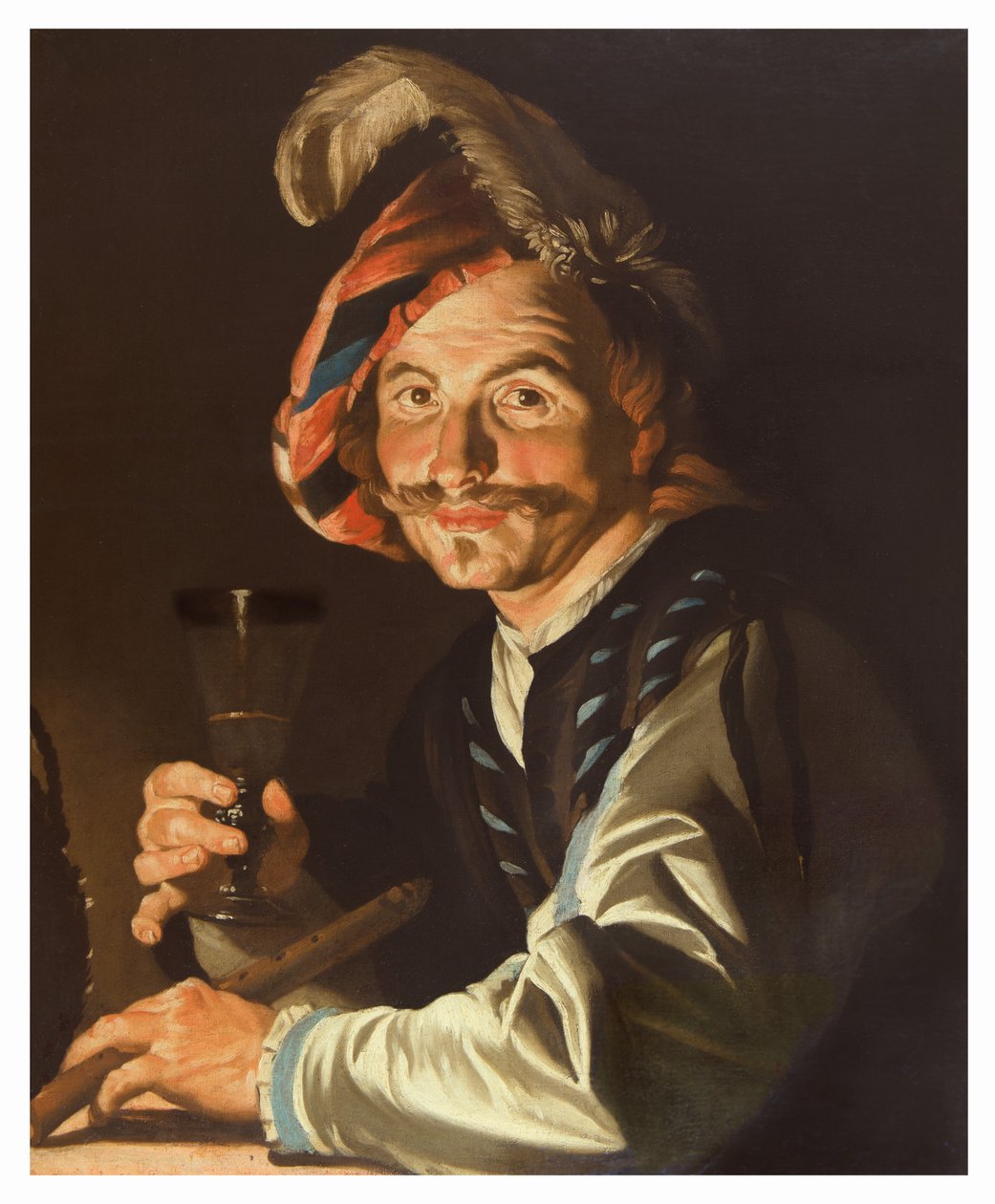 Fluitspeler met een glas wijn, ca.1615-50 (olieverf op doek) door Matthias Stom