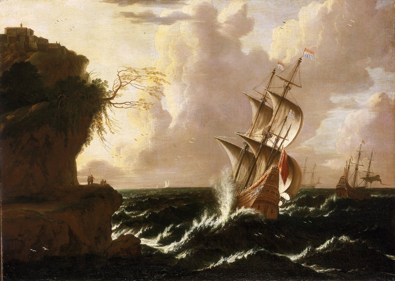 Een Nederlands schip in de storm, voor een klif, bekroond door versterkte gebouwen, door Matthieu van Plattenberg door Matthieu van (c.1608 60) Plattenberg