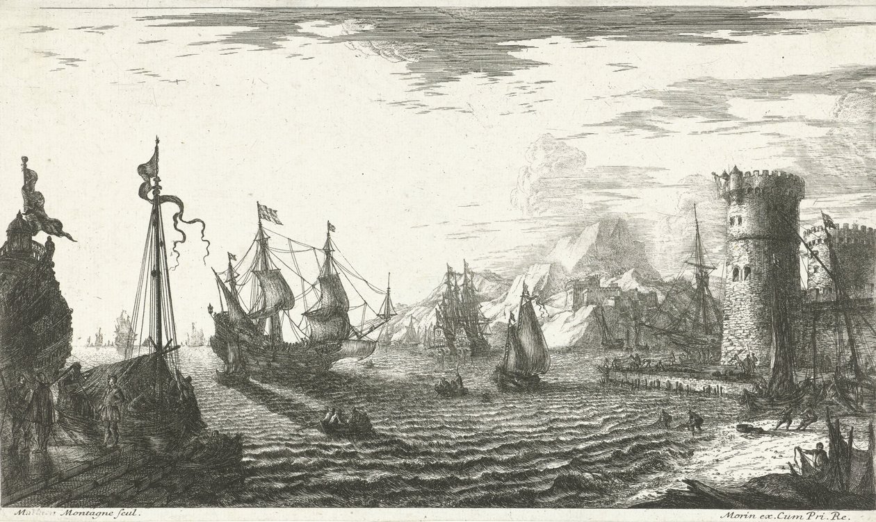 Zeehaven met schepen die binnen varen door Matthieu van Plattenberg