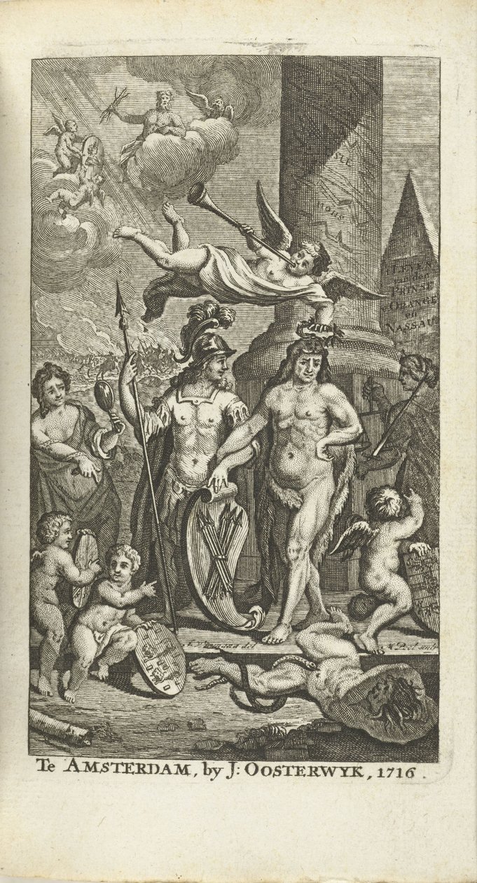 Gegraveerde titelpagina voor J. Lamigue: Het leven van Zyne Hoogheit Johan Willem Friso, 1716 door Matthijs Pool