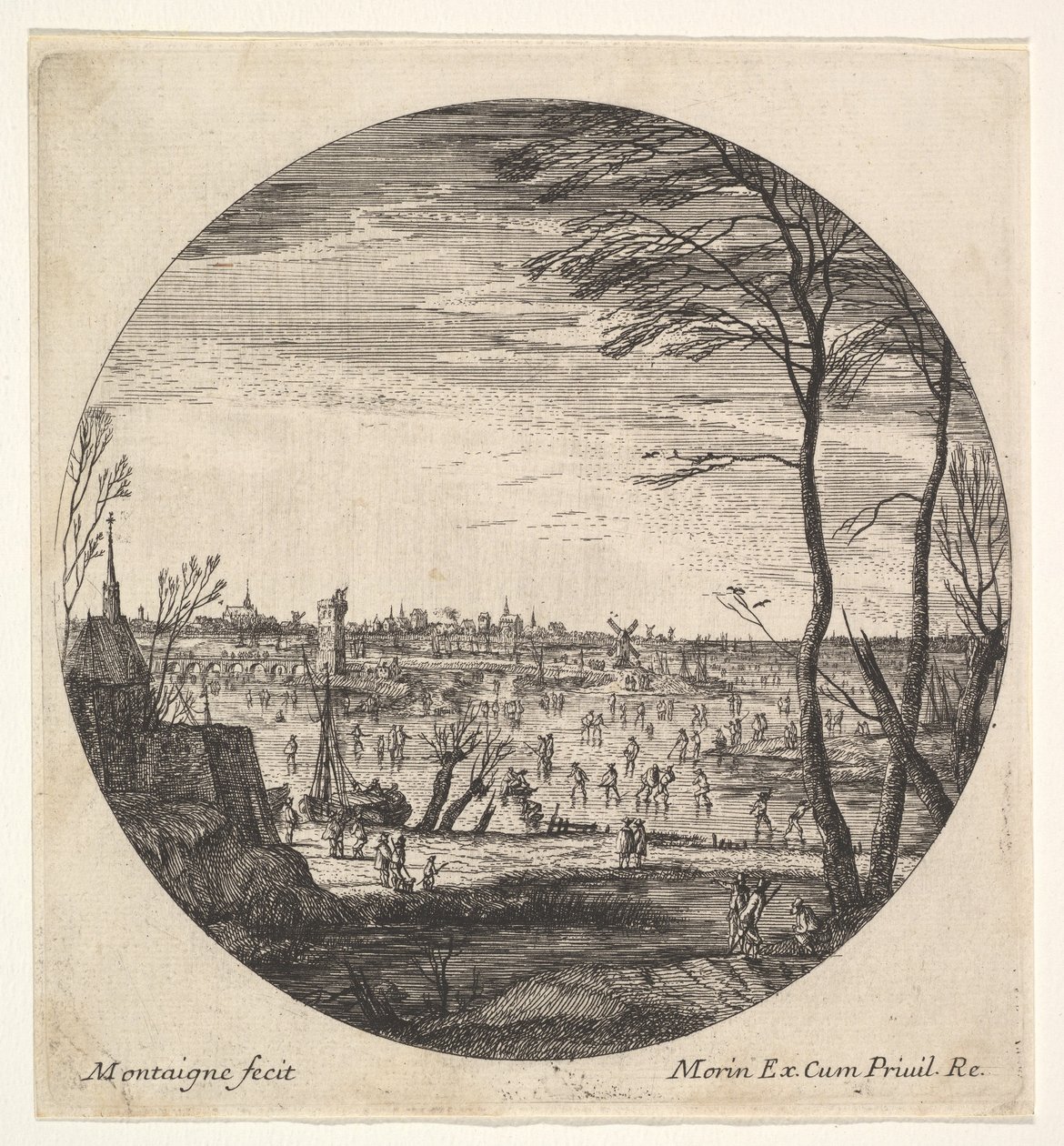 Winterlandschap met schaatsende figuren op bevroren water in een rondel compositie, ca. 1625-60 door Matthijs van Plattenberg