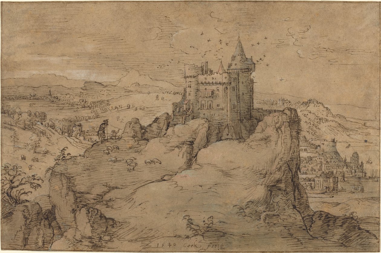 Landschap met Kasteel boven een Haven door Matthys Cock