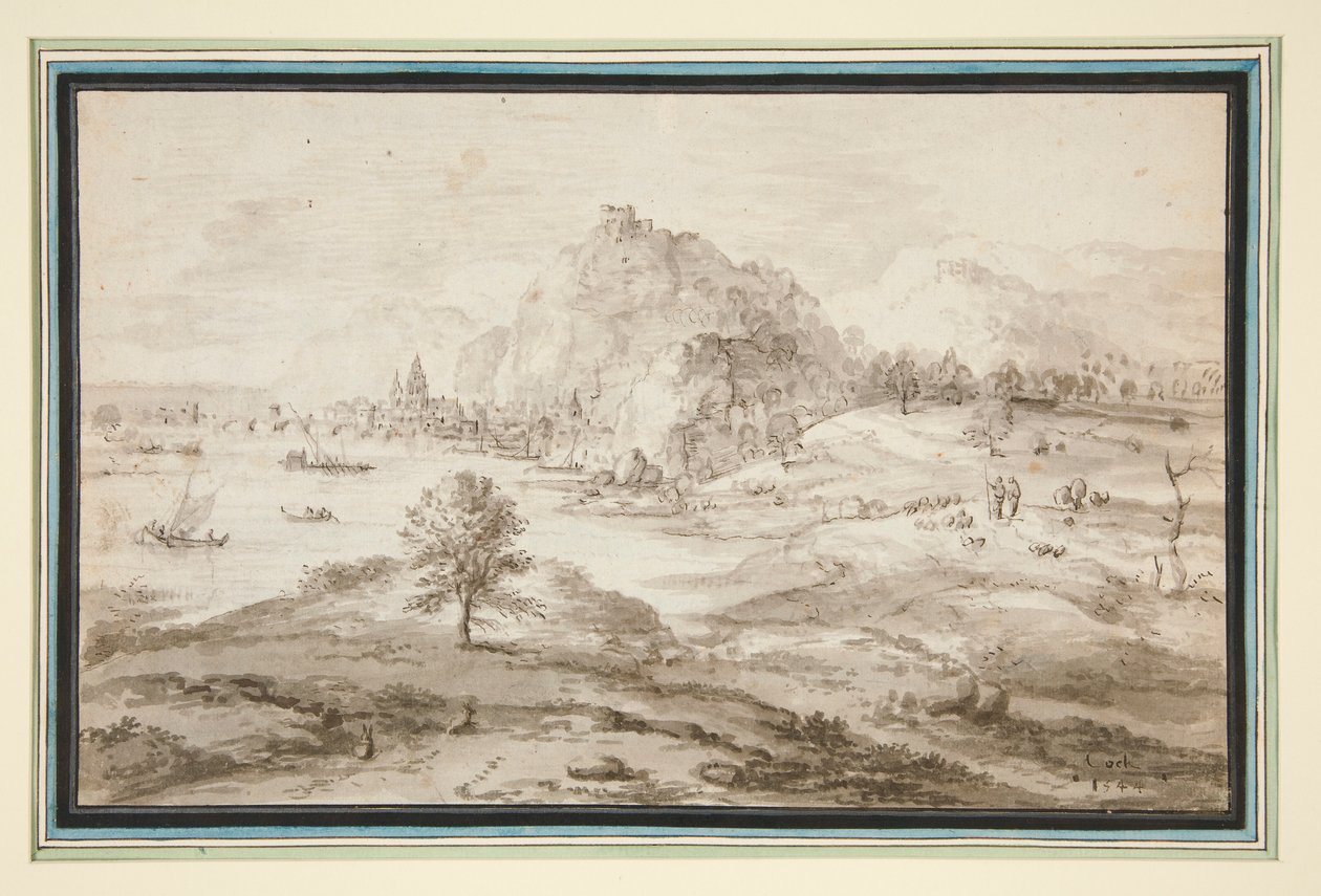 Bergachtig landschap met haven en stad door Matthys Cock