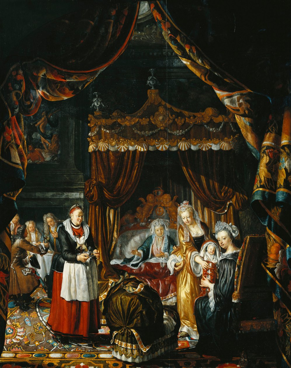 Een Weelderig Interieur met een Familie die de Geboorte van een Kind Viert door Matthys Naiveu