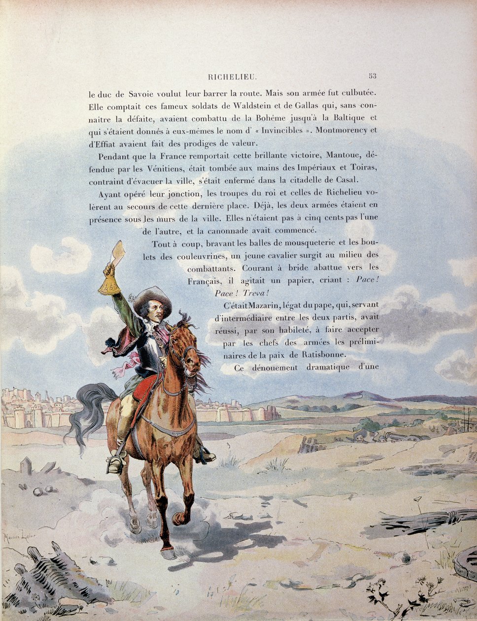 Moment van interventie door de pauselijke legaat, Giulio Mazarini (1602-61) tussen de Spaanse en pauselijke troepen die het Franse leger confronteren bij het beleg van Casal, Noord-Italië, illustratie uit het leven door Maurice Leloir