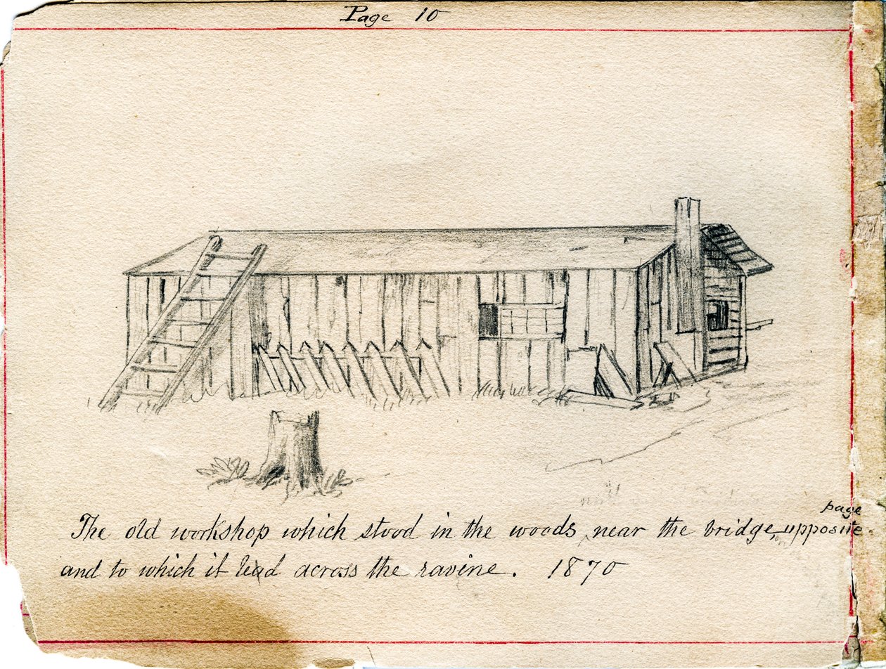 Werkplaats op het terrein van de Zusters van Voorzienigheid van Saint Mary-of-the-Woods, Indiana in 1870 door Maurice Schnell