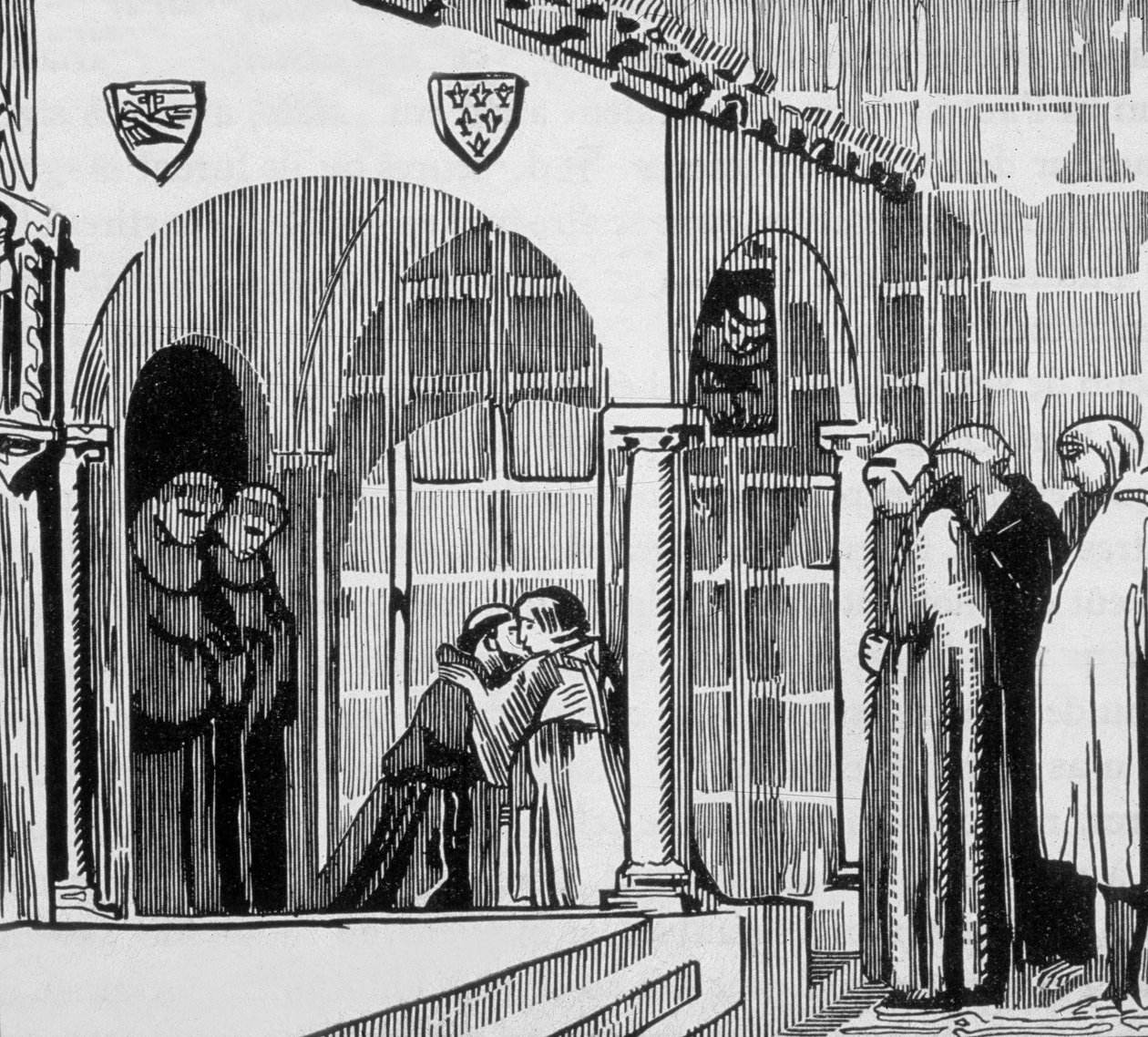 Franse koning Saint Louis (Louis IX 1214-1270) als pelgrim op bezoek bij Saint Frere Gilles in Perugia, gegraveerd door Jacques Beltrand naar een tekening van Maurice Denis door Maurice (after) Denis