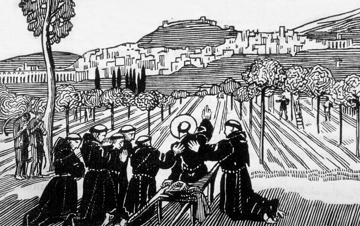 De dood van St. Franciscus van Assisi die de stad Assisi zegent, gegraveerd door Jacques Beltrand naar een tekening van Maurice Denis door Maurice (after) Denis