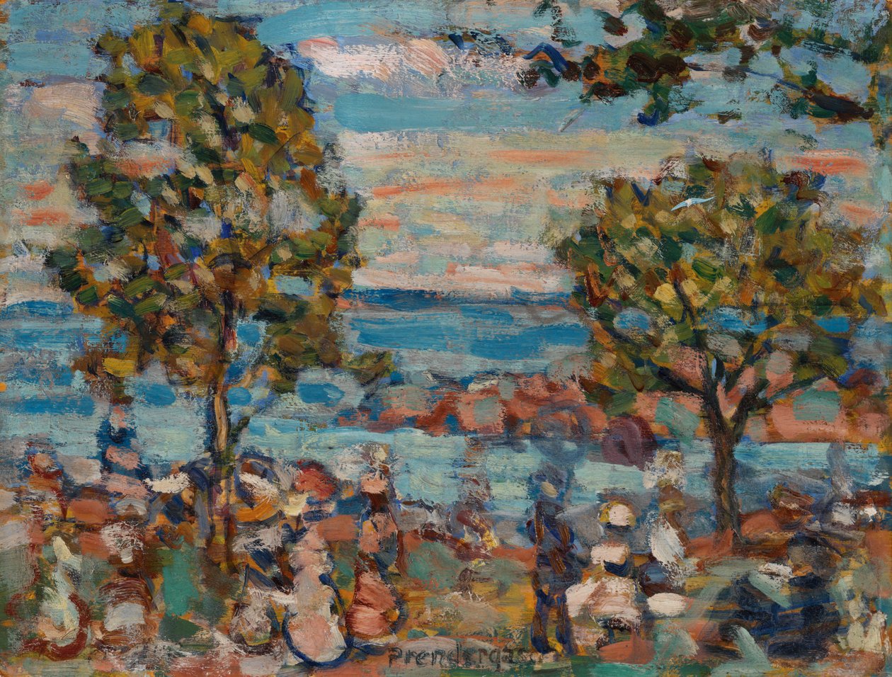 Strandscène met twee bomen door Maurice Brazil Prendergast