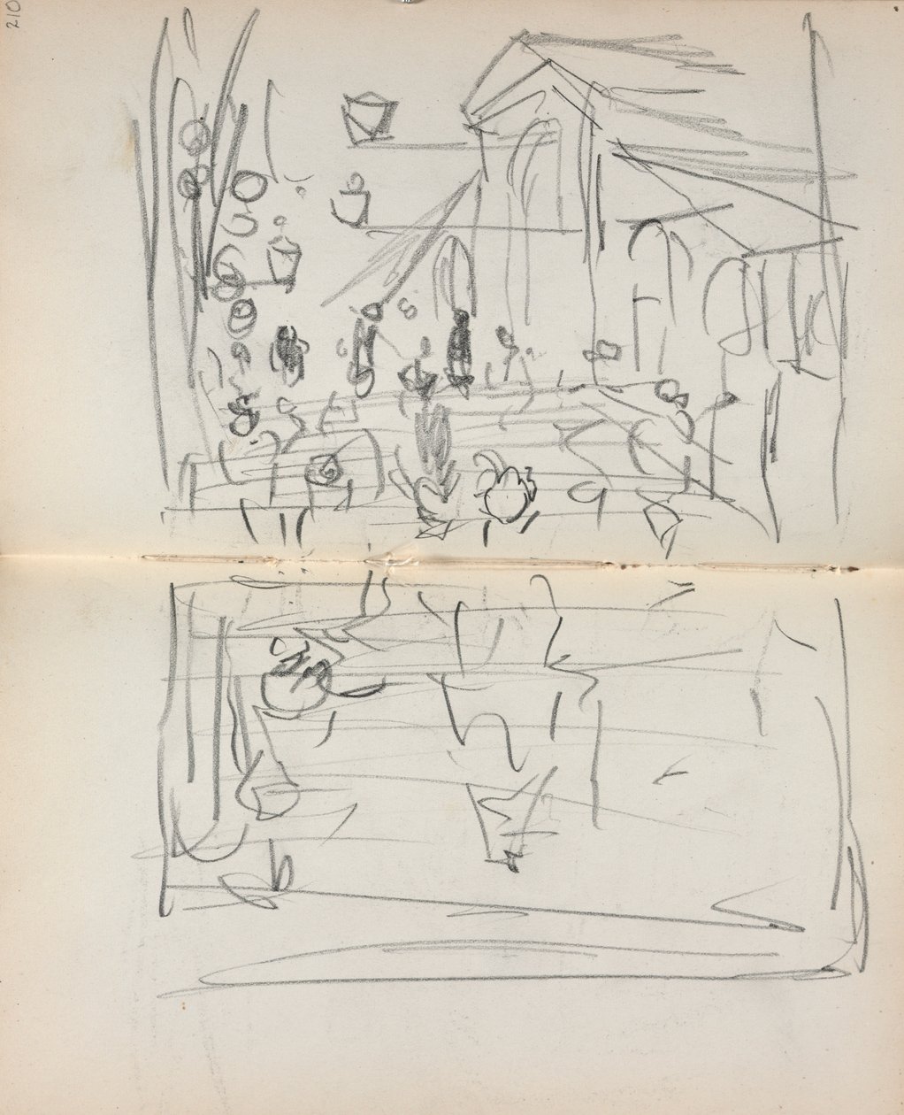 Italiaans Schetsboek: Brug met Figuren pagina 209 & 210, 1898-1899 door Maurice Brazil Prendergast