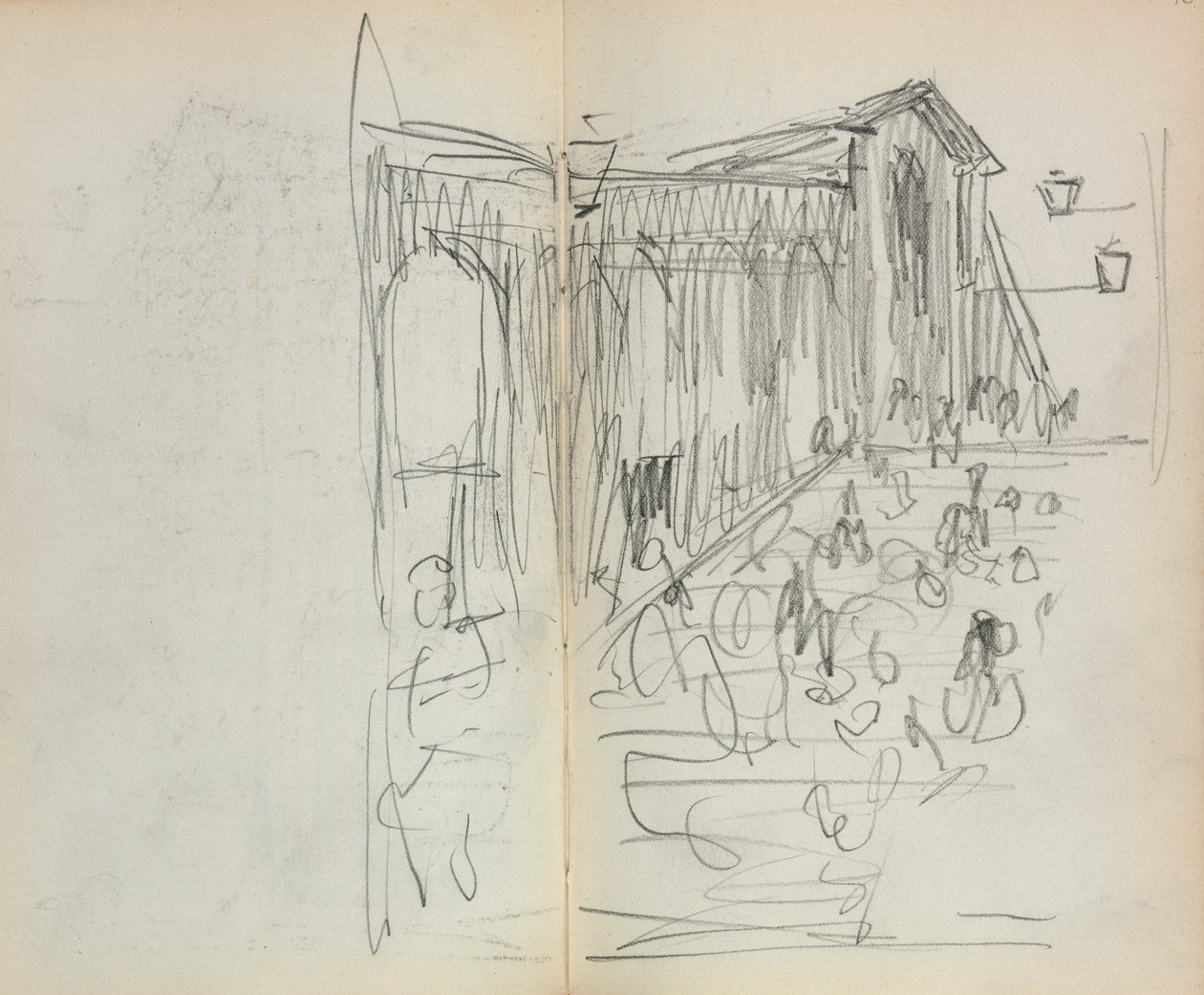 Italiaans schetsboek: Brug met figuren pagina 95 & 96, 1898-1899 door Maurice Brazil Prendergast