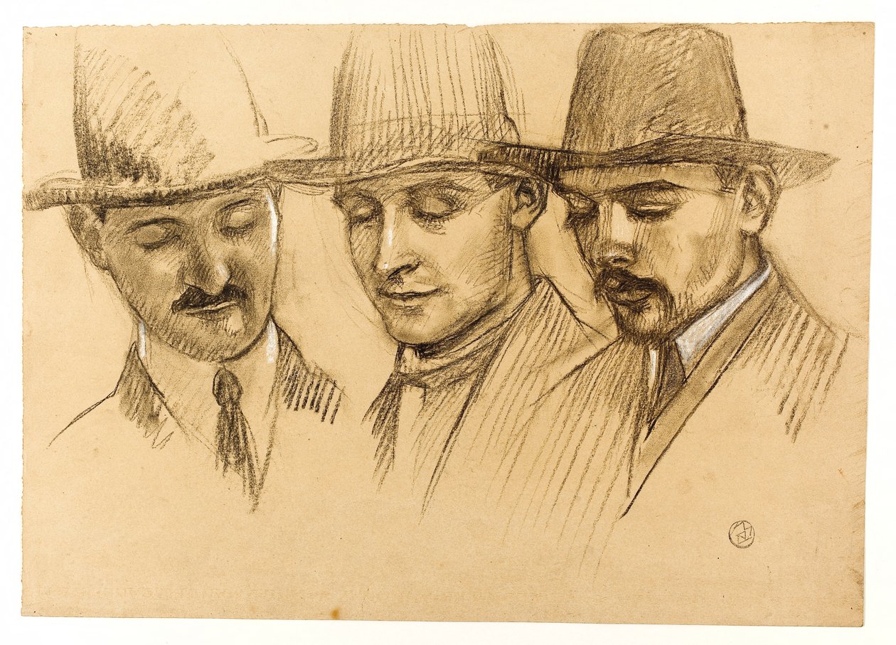 Portretten van Père Couturier, Charles Plessard en André Lecoutey. Schets voor de koepel van Dutuit: de drie architecten van de Franse School in Rome door Maurice Denis