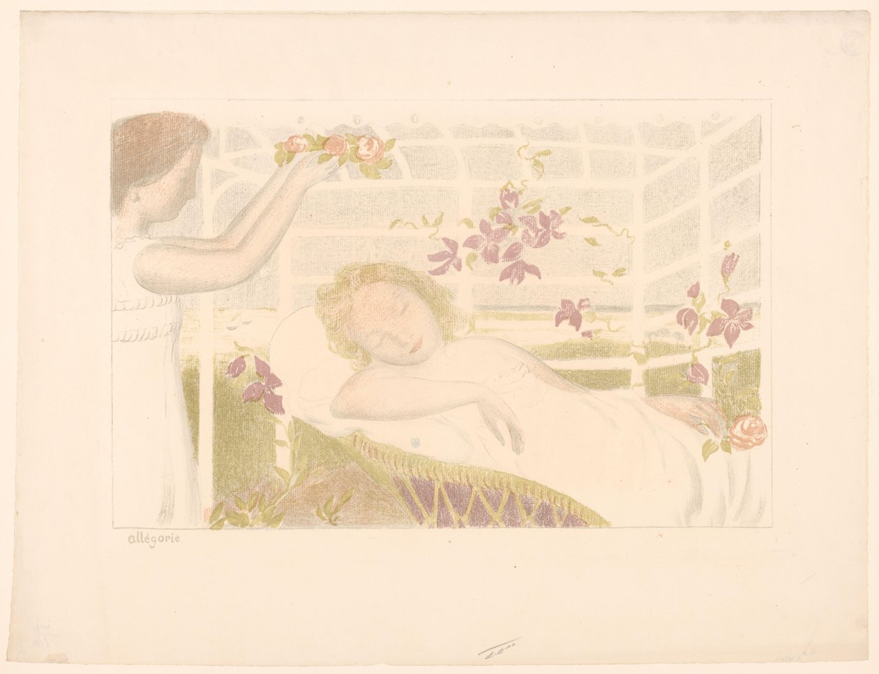 Slapend meisje krijgt bloemenkrans door Maurice Denis