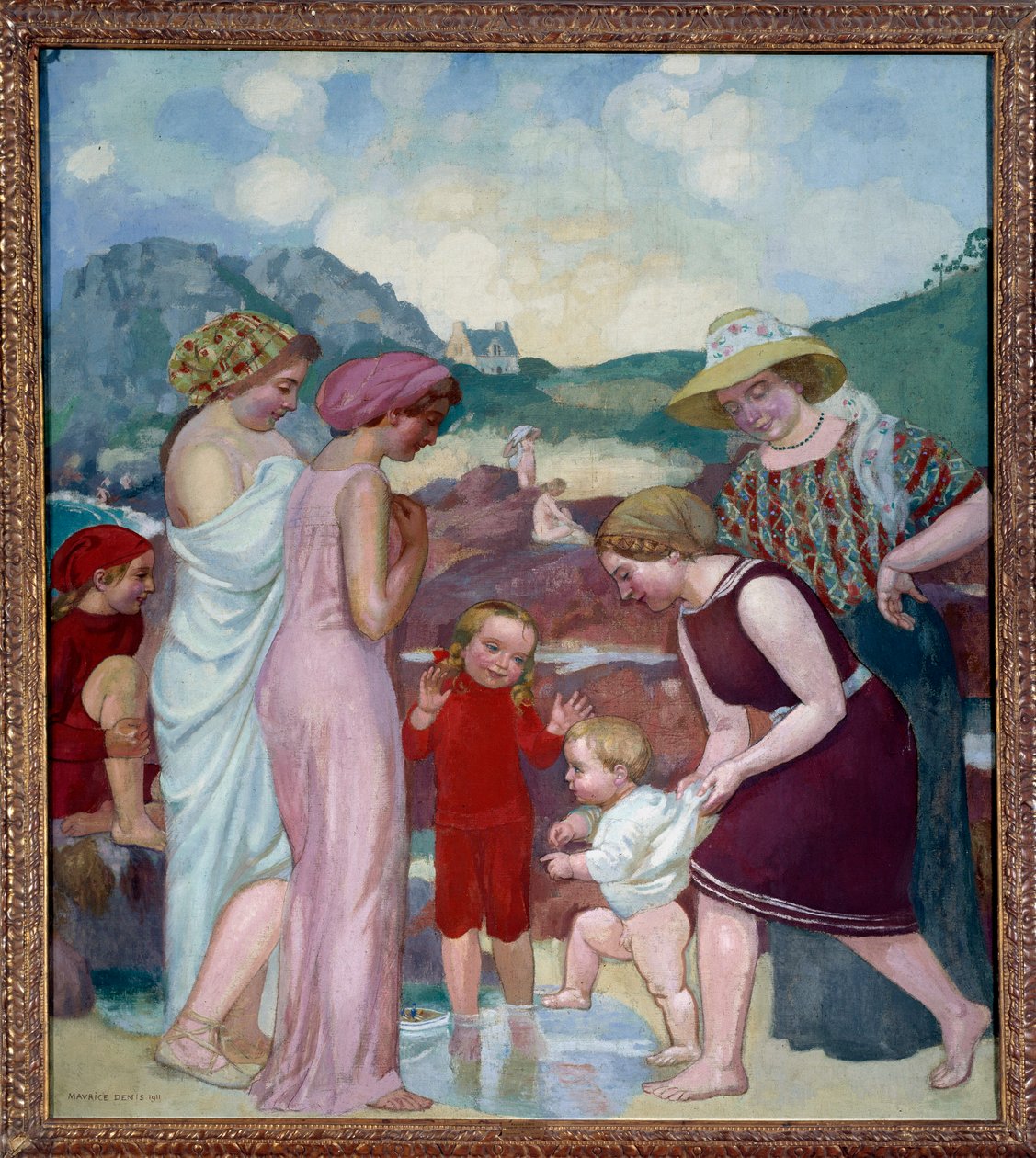De eerste stappen. Een jonge jongen zet zijn eerste stappen voor zijn moeder en familie door Maurice Denis