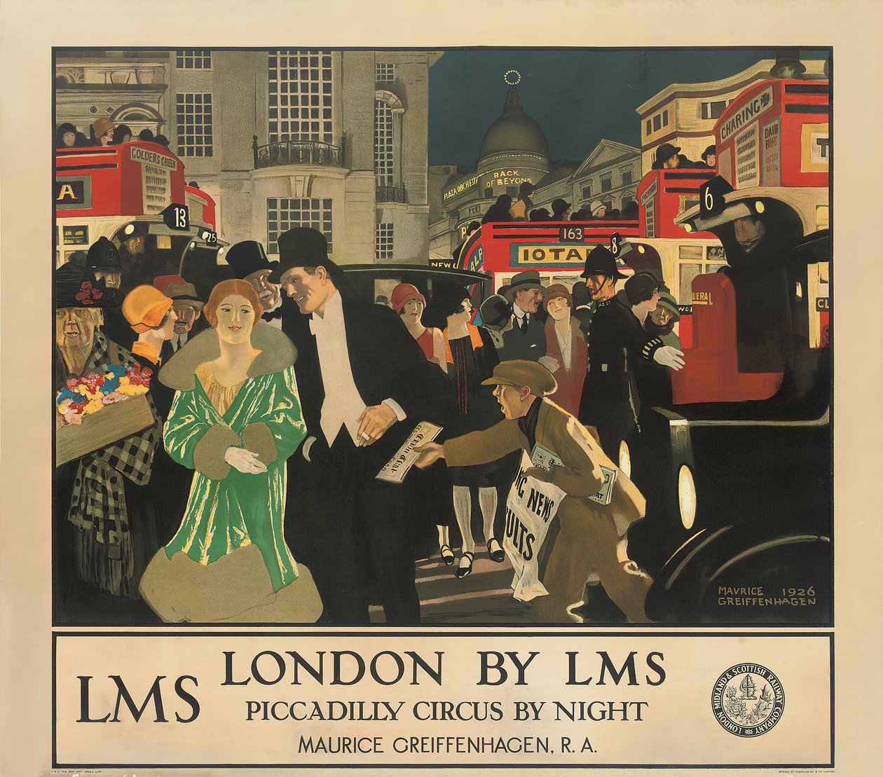 Londen door LMS, Piccadilly Circus bij Nacht door Maurice Greiffenhagen