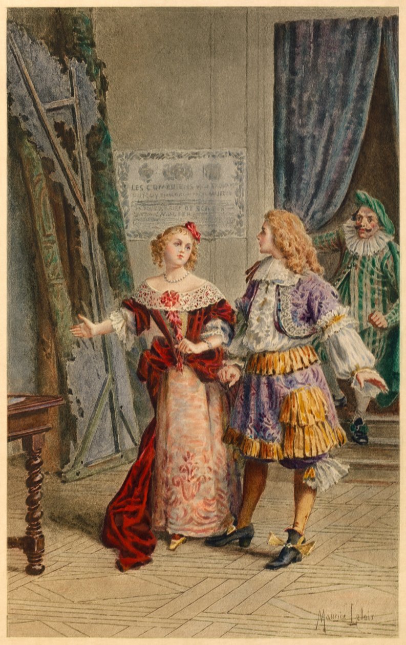 Backstage bij Scapin, Armande, Baron en Moliere (illustratie) door Maurice Leloir