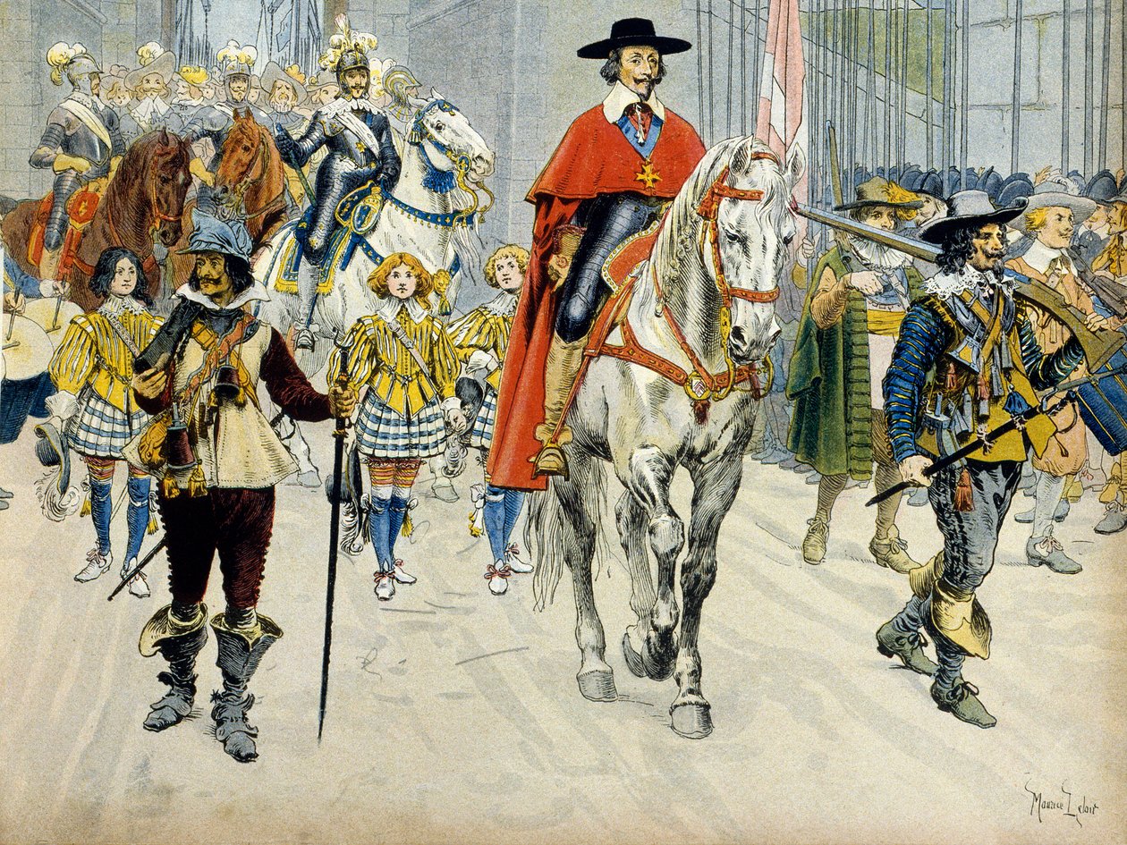 Geschiedenis van Frankrijk: Begrafenis van koning Lodewijk XIII (1601-1643) en kardinaal Richelieu (Armand Jean du Plessis) door Maurice Leloir