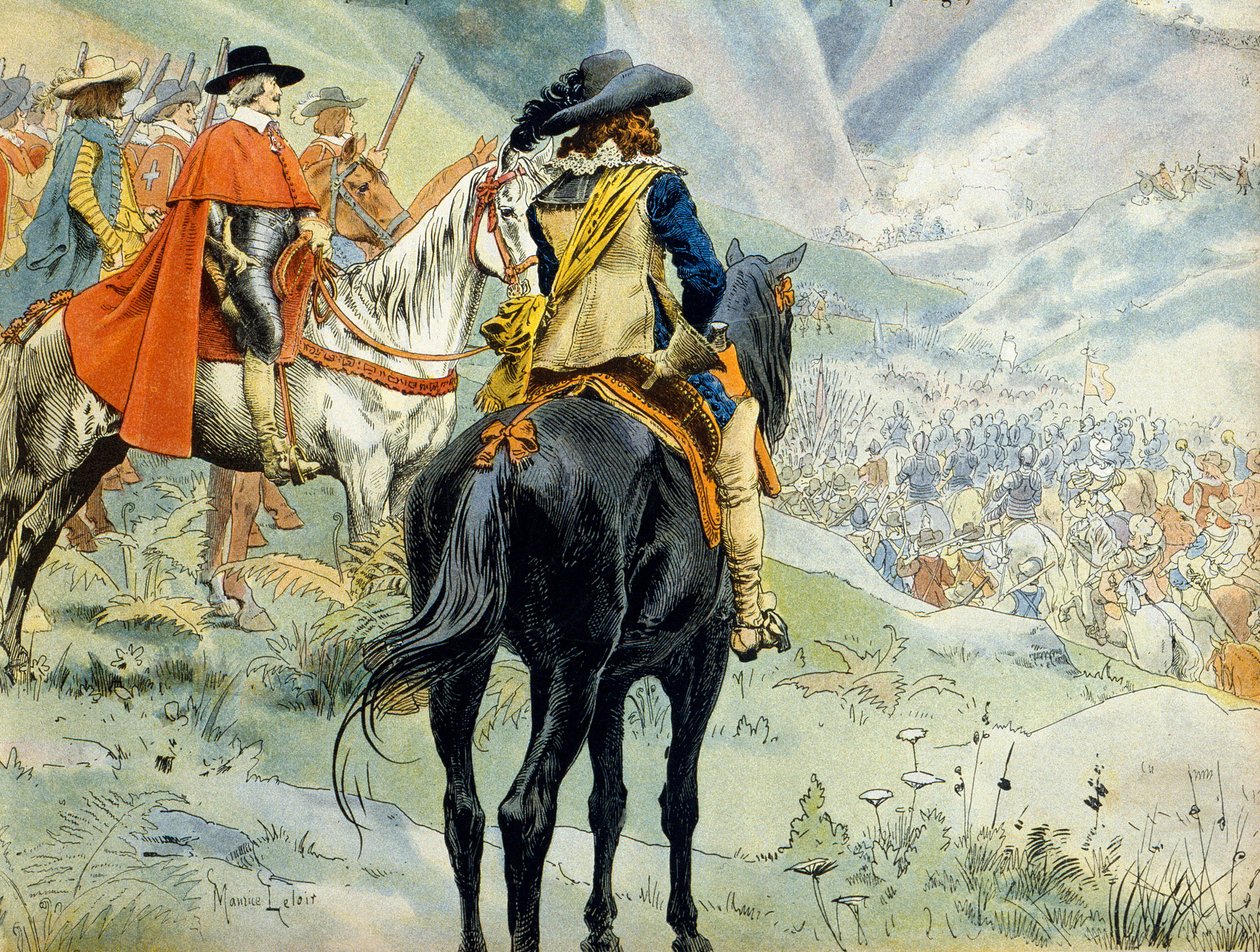 Geschiedenis van Frankrijk: Oorlog van de Successie van Mantua (1628-1631) tijdens de Dertigjarige Oorlog. De slag bij de Pas de Suze (Susa) met koning Lodewijk XIII (1601-1643) en kardinaal Richelieu (Armand Jean du Plessis) door Maurice Leloir