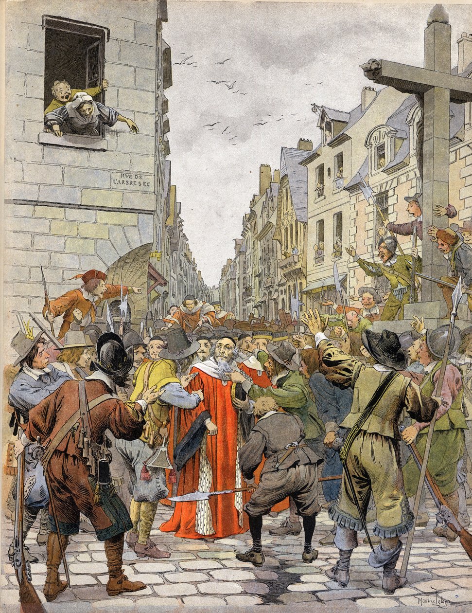 La Fronde: Journees des Barricades (augustus 1648): Bij het kruis van Trahoir (op de hoek van de straten Saint-Honore en de Droge Boom in Parijs), eist de menigte dat Mathieu Mole (1584-1656), eerste spreker van het parlement, naar het Palais R gaat door Maurice Leloir