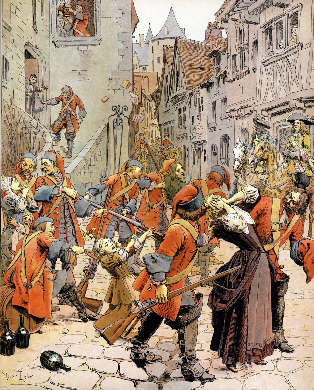 Les Dragonnades: verspreiding van een protestantse familie door de troepen van draken door Maurice Leloir
