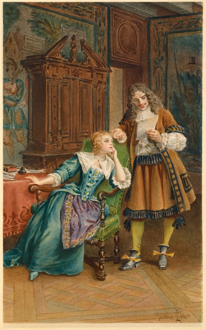 Moliere leest een nieuw stuk voor aan Armande Bejart (illustratie) door Maurice Leloir