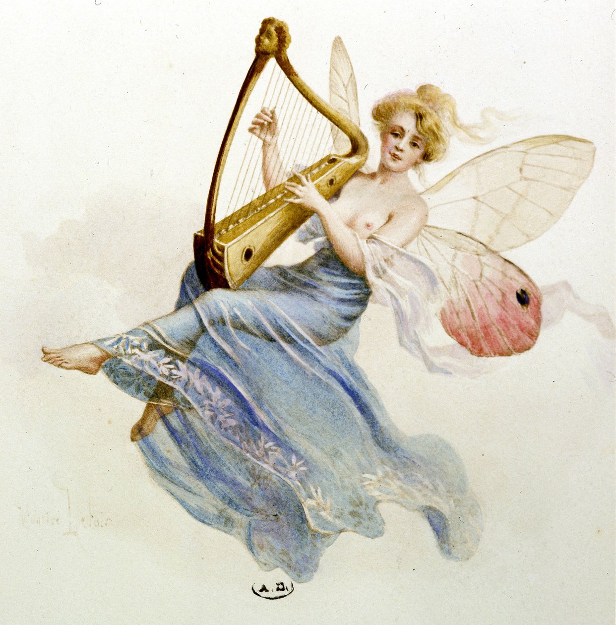 Muziek: fee die harp speelt. In 