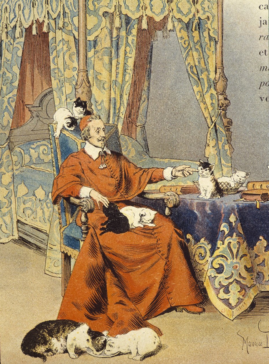 De kardinaal speelt met zijn katten die hij bijzonder liefhad - in "Richelieu" door Maurice Leloir, begin 20e eeuw door Maurice Leloir