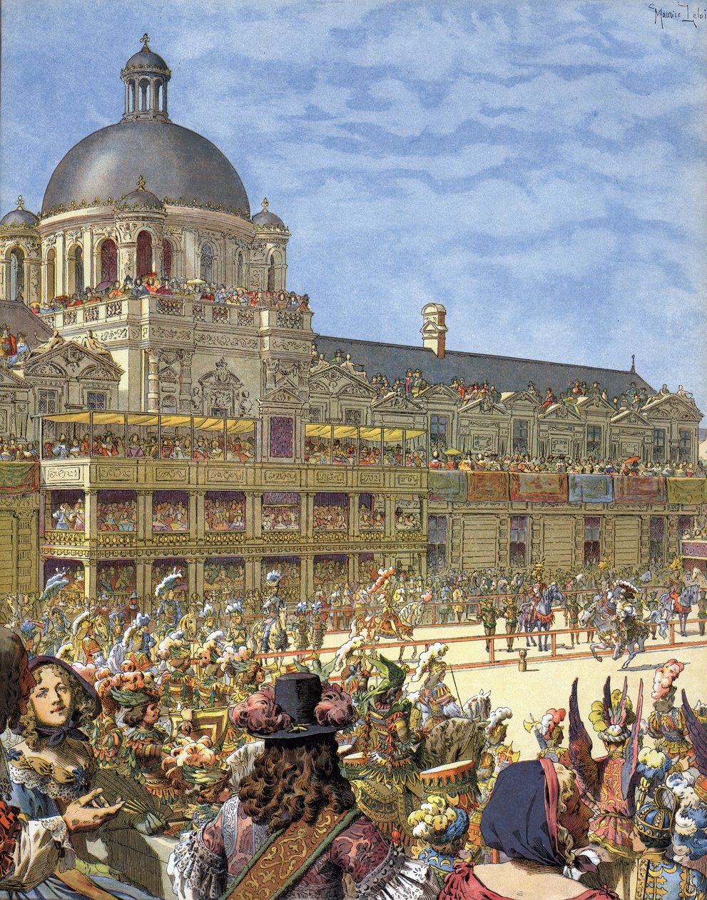 Het Koninklijke Carrousel (toernooi van ridders), gegeven in 1662, voor het Palais des Tuileries in Parijs onder Lodewijk XIV, bekend als de Zonnekoning (Louis de Grote) door Maurice Leloir