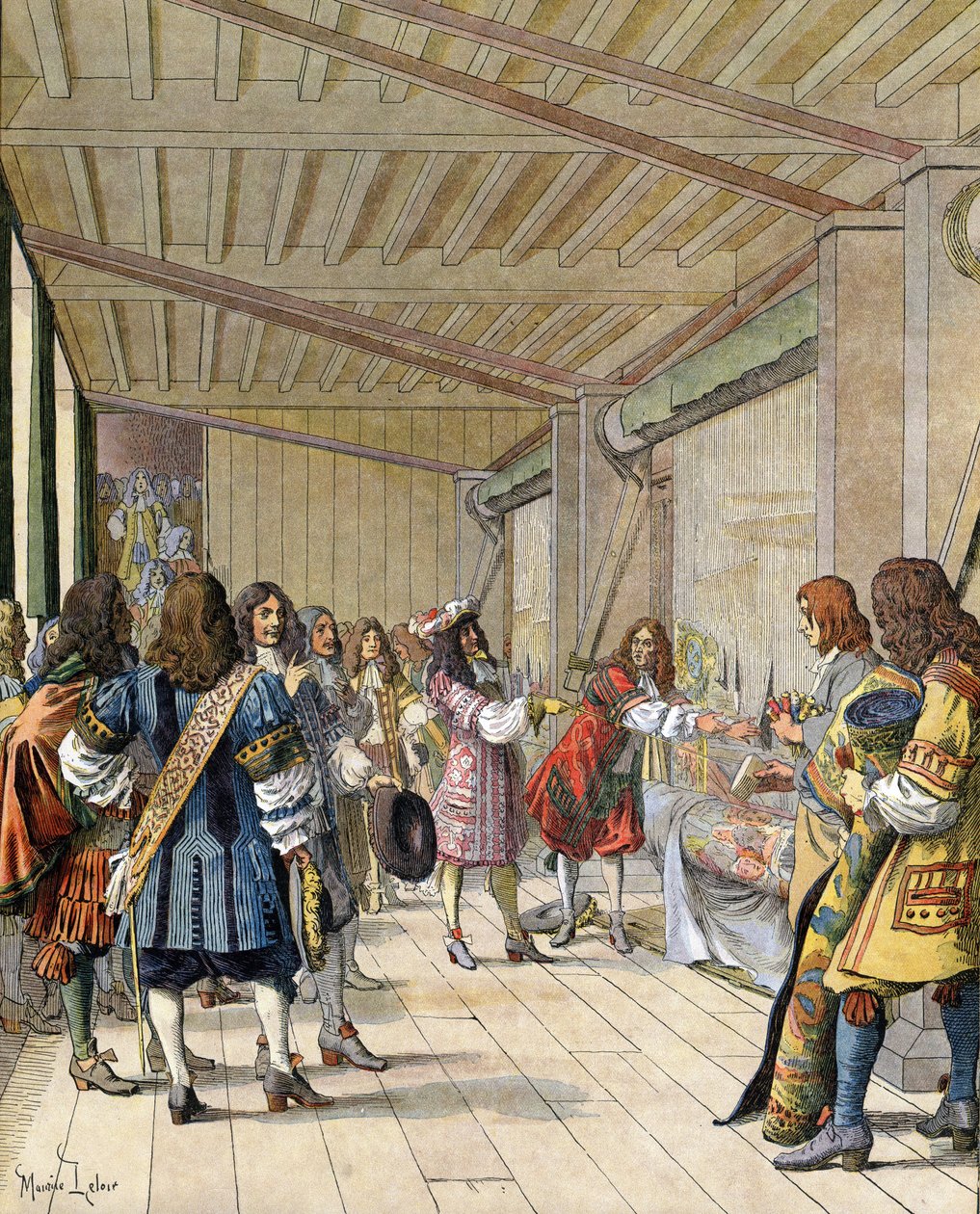 De schilder Charles Lebrun legt uit aan Lodewijk XIV, bekend als de Zonnekoning door Maurice Leloir