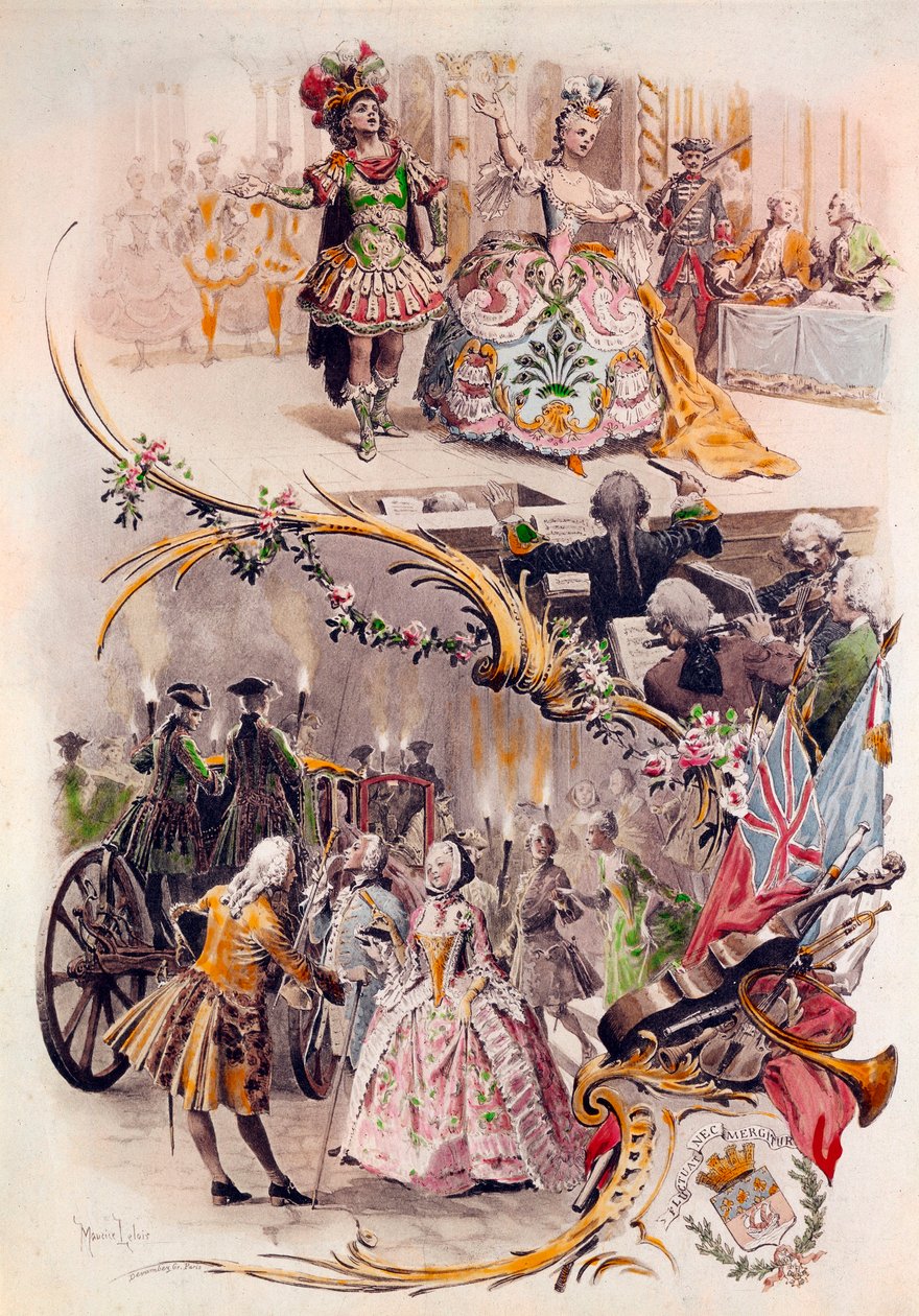 Huwelijksmenu met illustratie van Maurice Leloir van bals in kostuums en galante scènes, 6/04/1900 door Maurice Leloir