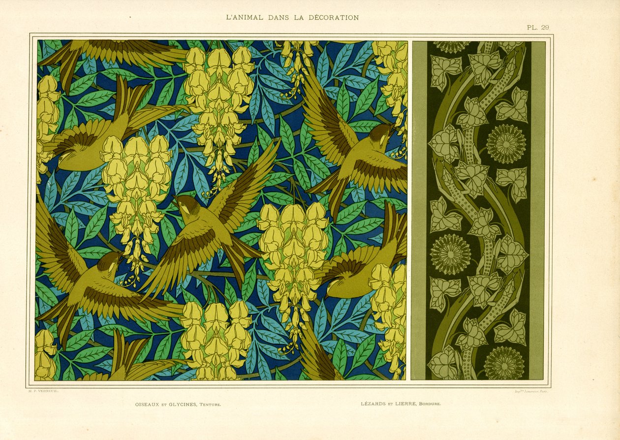 Vogels met blauweregen en hagedissen met klimop (litho) door Maurice Pillard Verneuil