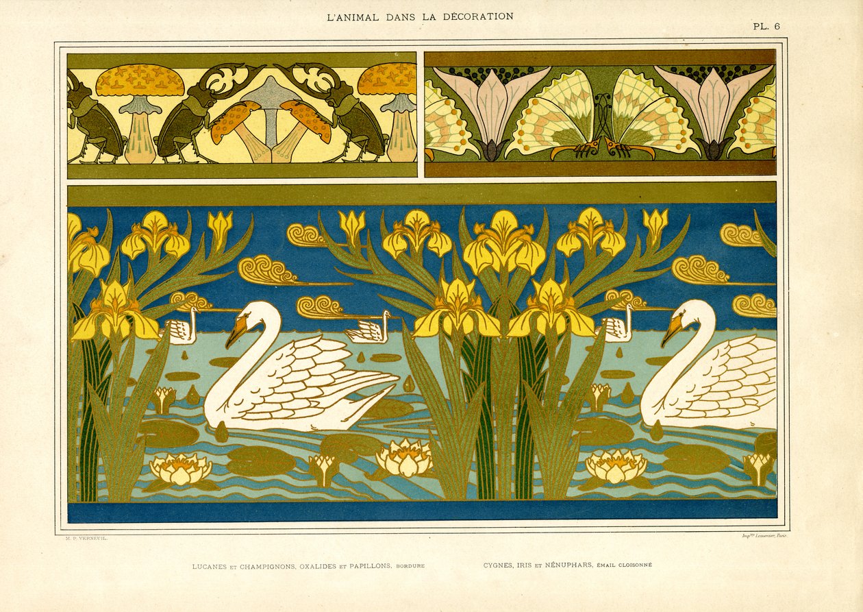 Decoratieve randen met zwanen, insecten en irissen (litho) door Maurice Pillard Verneuil