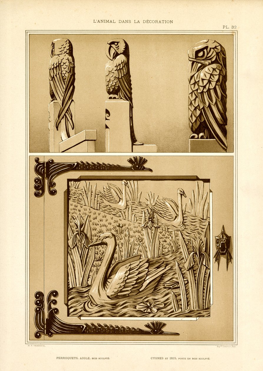 Decoratieve kunstontwerpen met papegaai, adelaar en zwaanmotieven (litho) door Maurice Pillard Verneuil