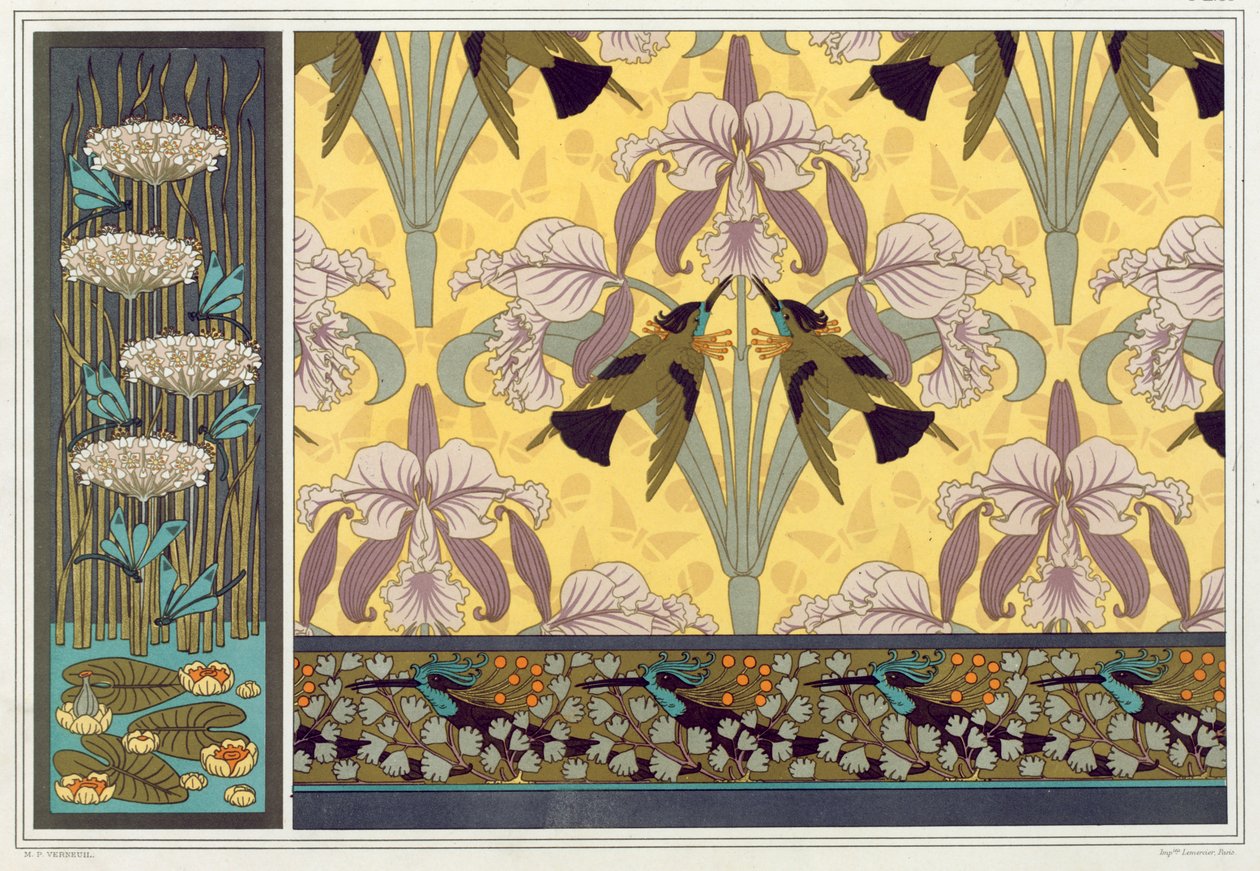 Ontwerp voor behangrand, stof en paneel: Libellen, waterlelies en bloeiende lisdodde door Maurice Pillard Verneuil