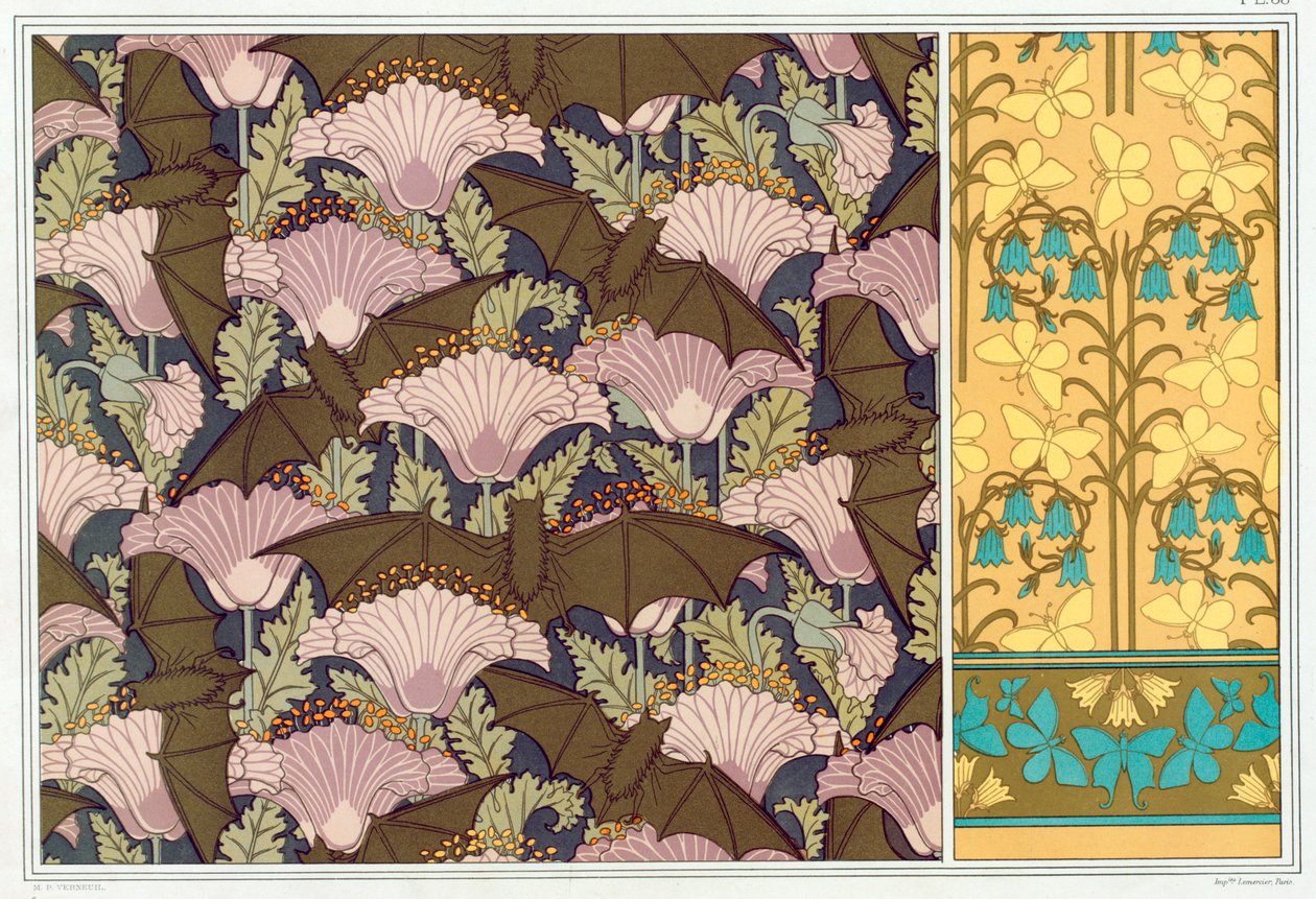 Ontwerpen voor een wandkleed met Vleermuizen en Klaprozen, uitgegeven 1897 door Maurice Pillard Verneuil