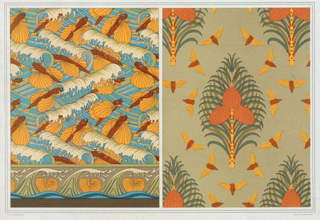 Ontwerpen voor behang Vliegende Vissen en Golven, uitgegeven 1897 door Maurice Pillard Verneuil