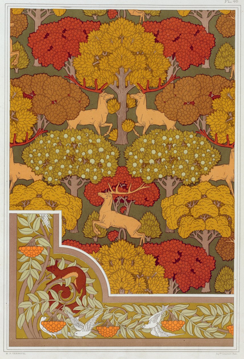 Ontwerpen voor behang en behangrand Herten in de bomen, pub. 1897 door Maurice Pillard Verneuil
