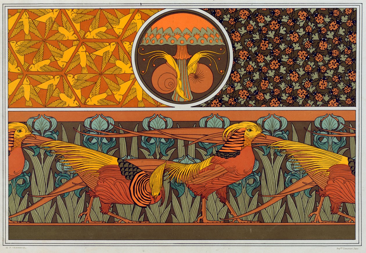 Ontwerpen voor behangrand en stof: Vogels, lieveheersbeestjes en meisjeshaarvaren, uitgegeven 1897 door Maurice Pillard Verneuil