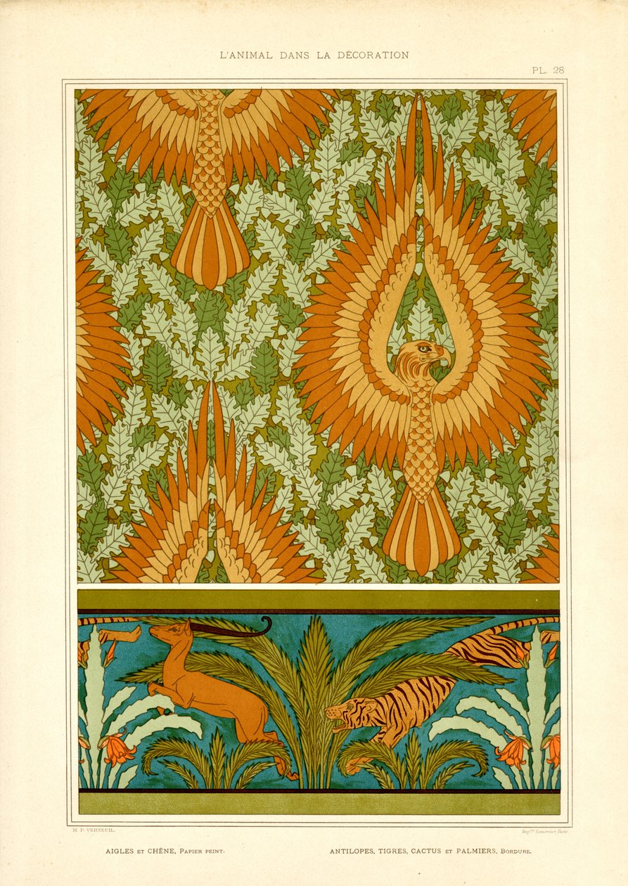Arenden en exotische fauna in Art Nouveau (litho) door Maurice Pillard Verneuil
